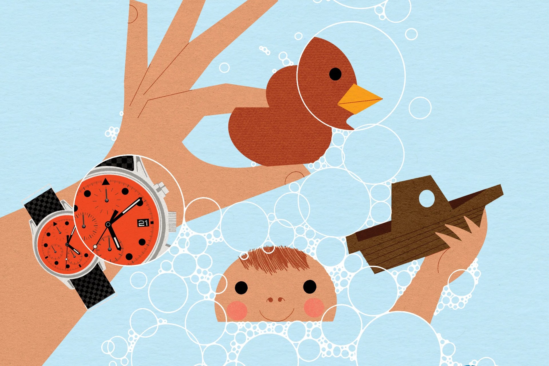 an illlustration of a child playing with toys in a bubble bath and a parents had wearing a watch