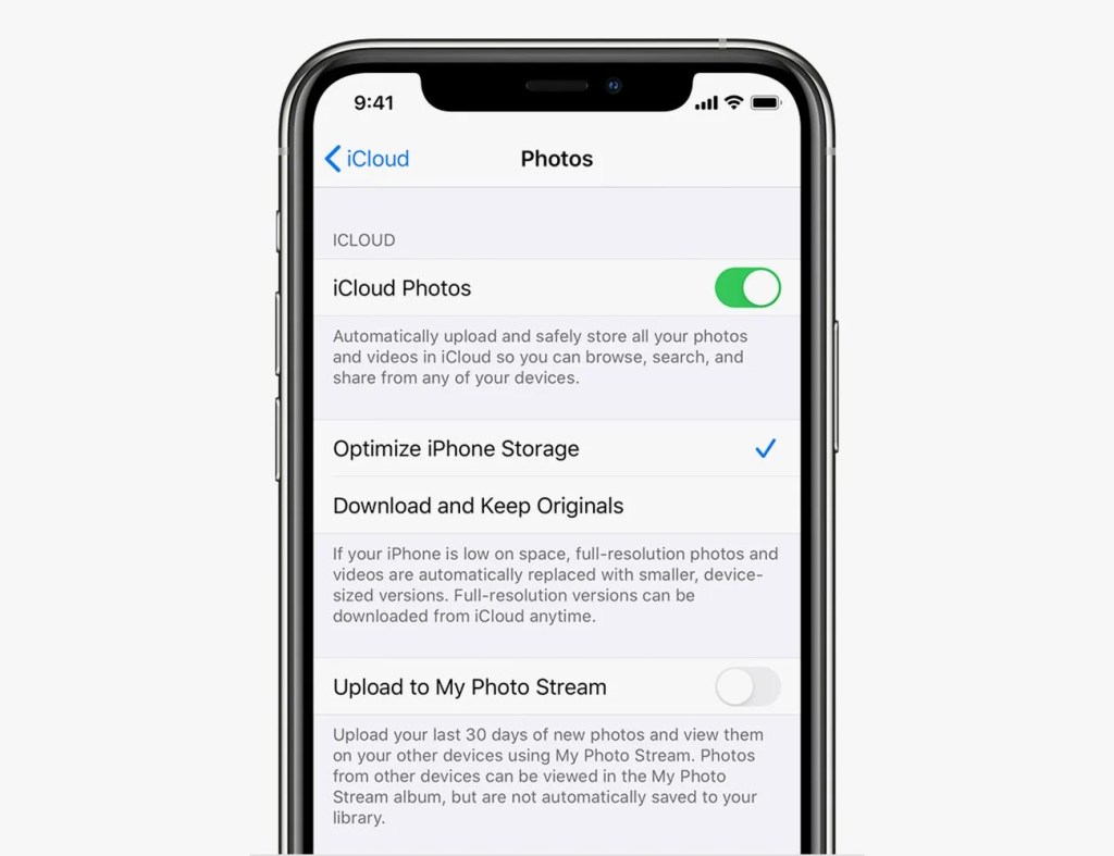iphone with a screen on the photos page settings