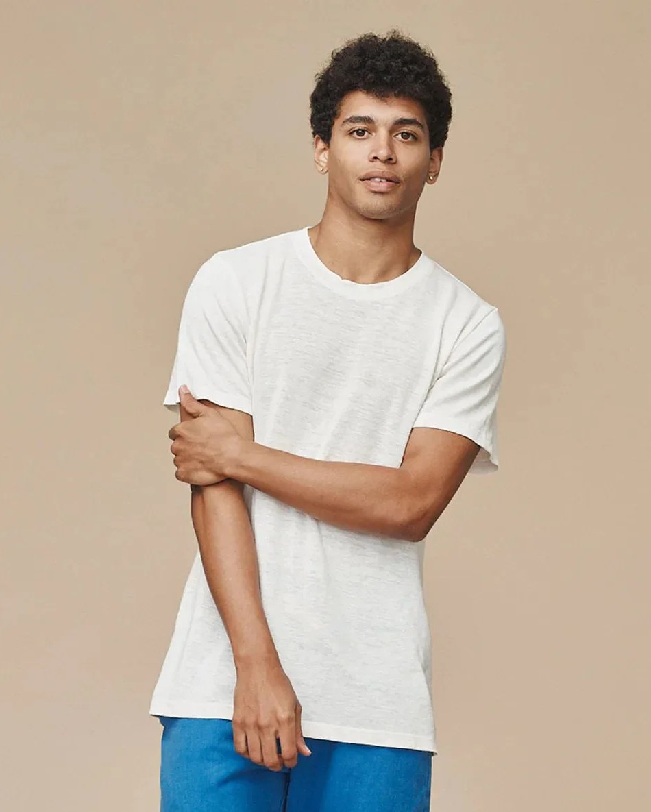 a man wearing jungmaven mana 10 hemp tee