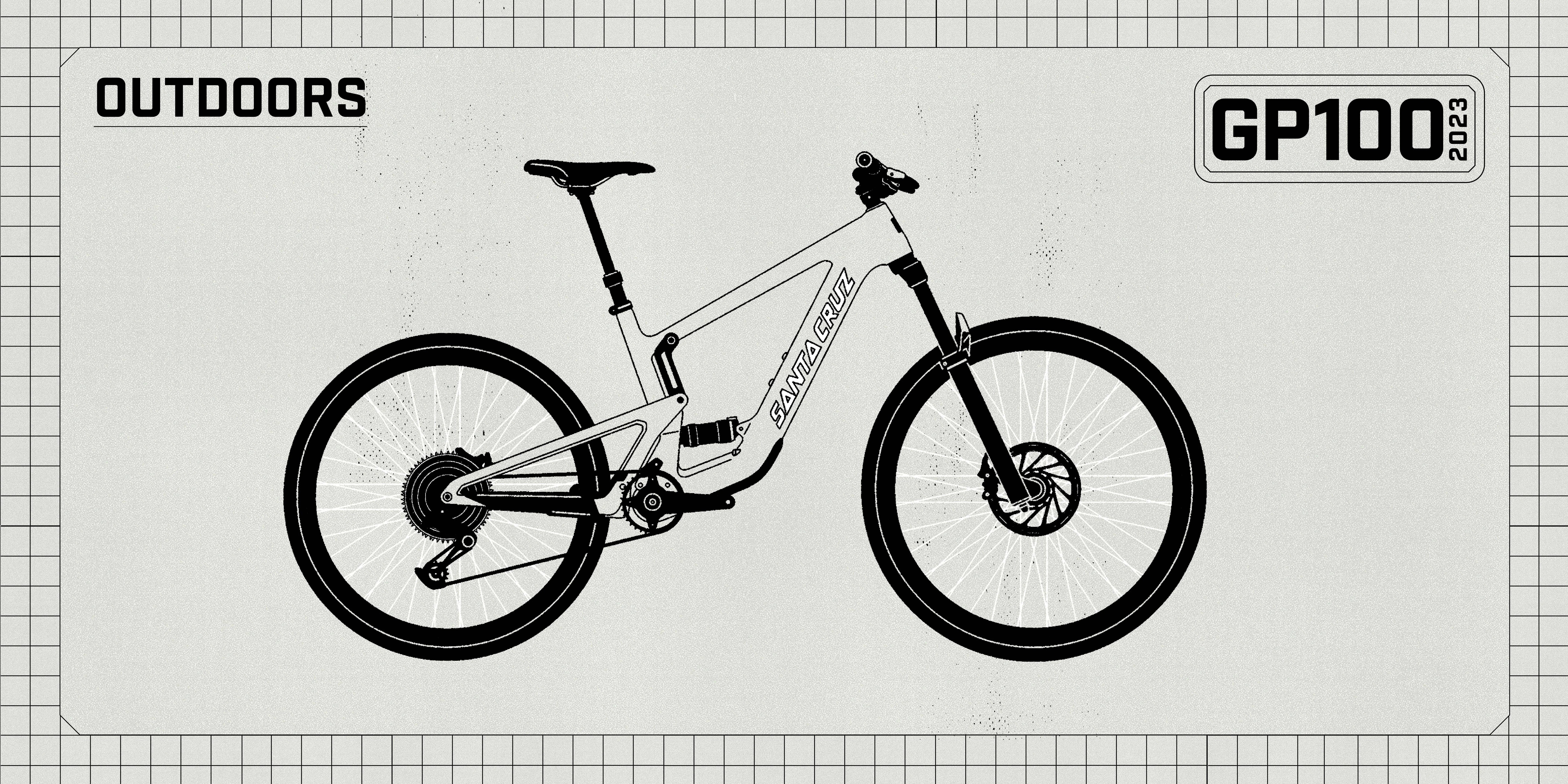 illustration of a bike with a badge that says outdoors and gp100 2023