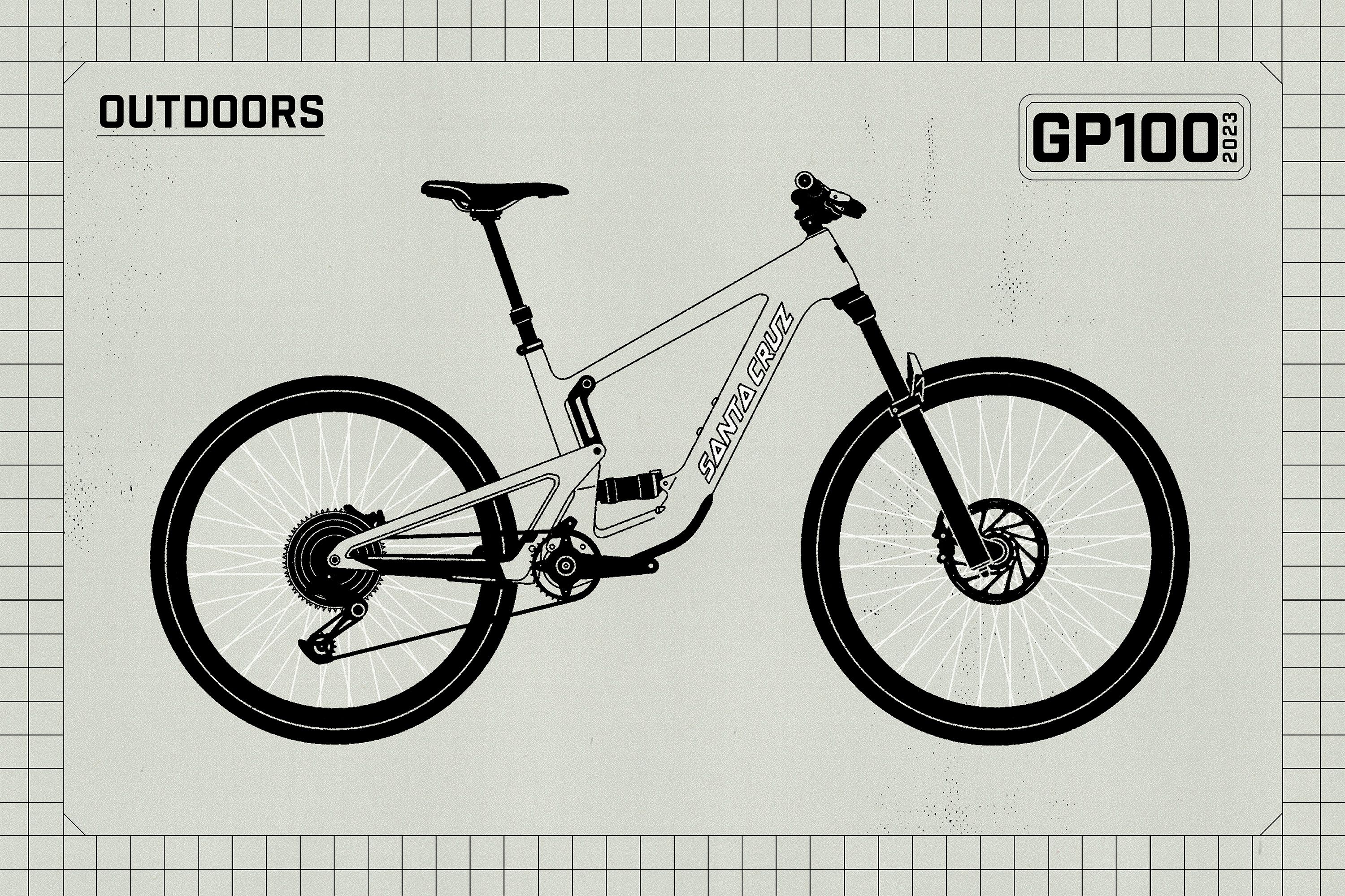 an illustration of a bike with a badge that says outdoors and gp100 2023