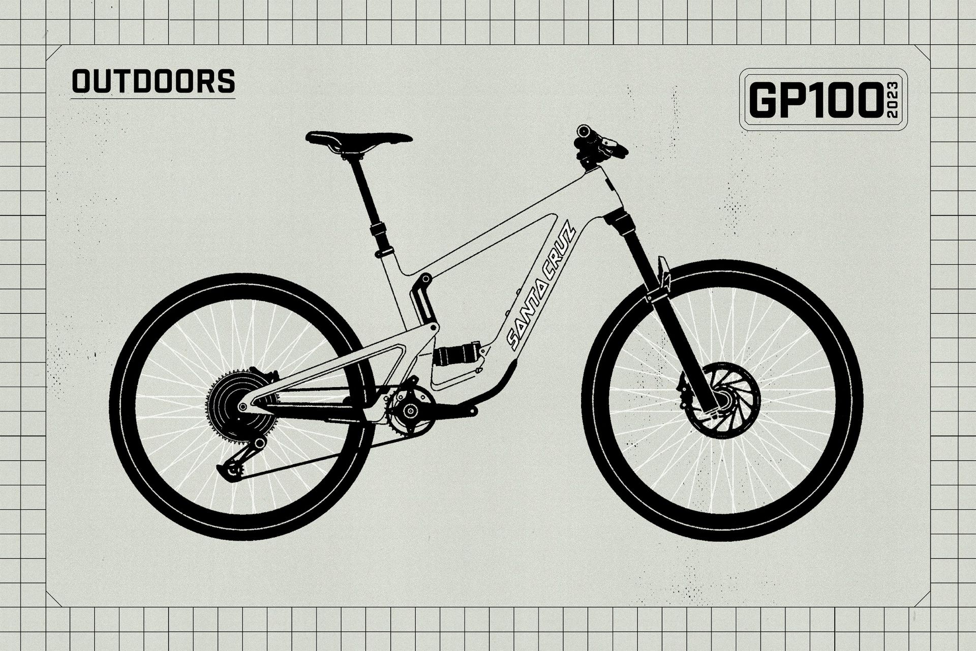an illustration of a bike with a badge that says outdoors and gp100 2023