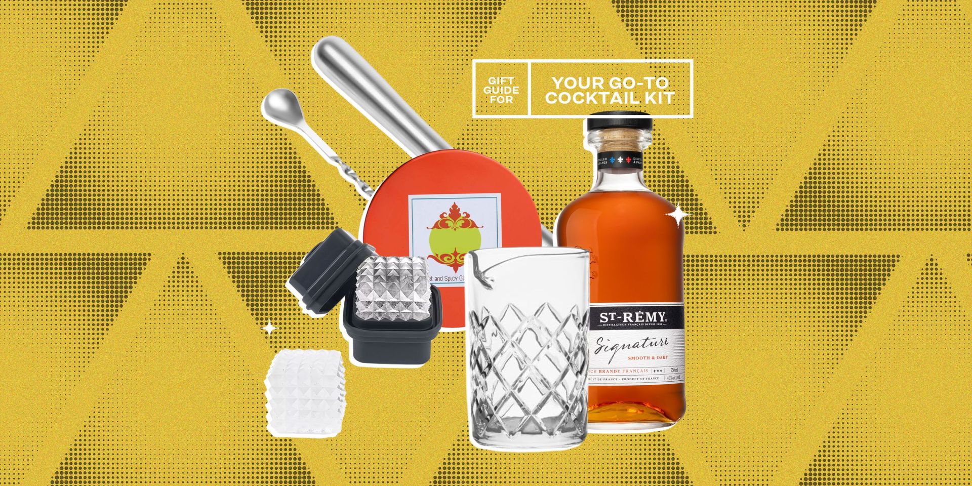 gift guide for your go to cocktail kit st remy brandy, ice cube tray, lambrecht, glass, muddler