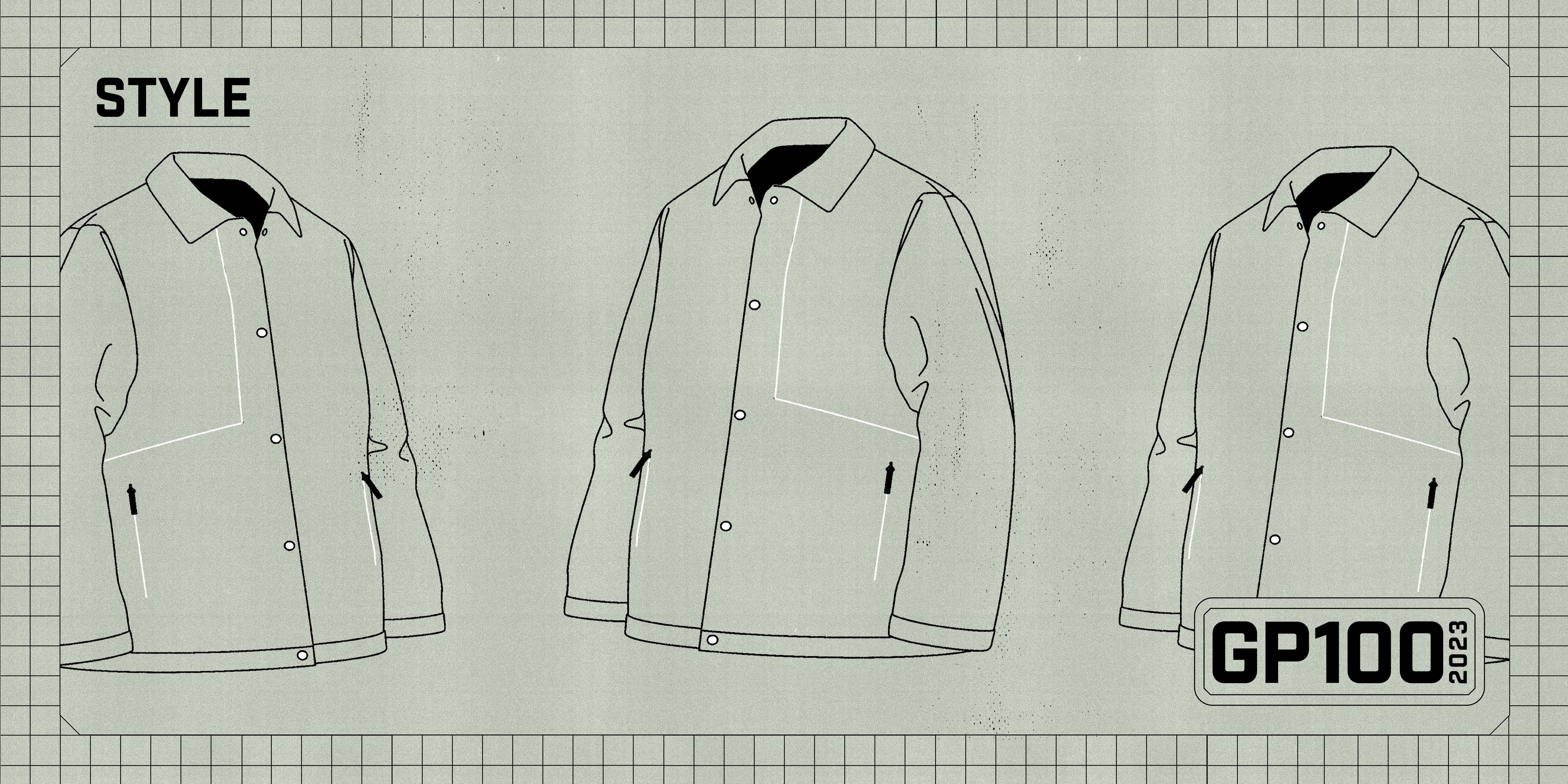 illustration of a jacket on a green background with a badge that says style and gp100 2023