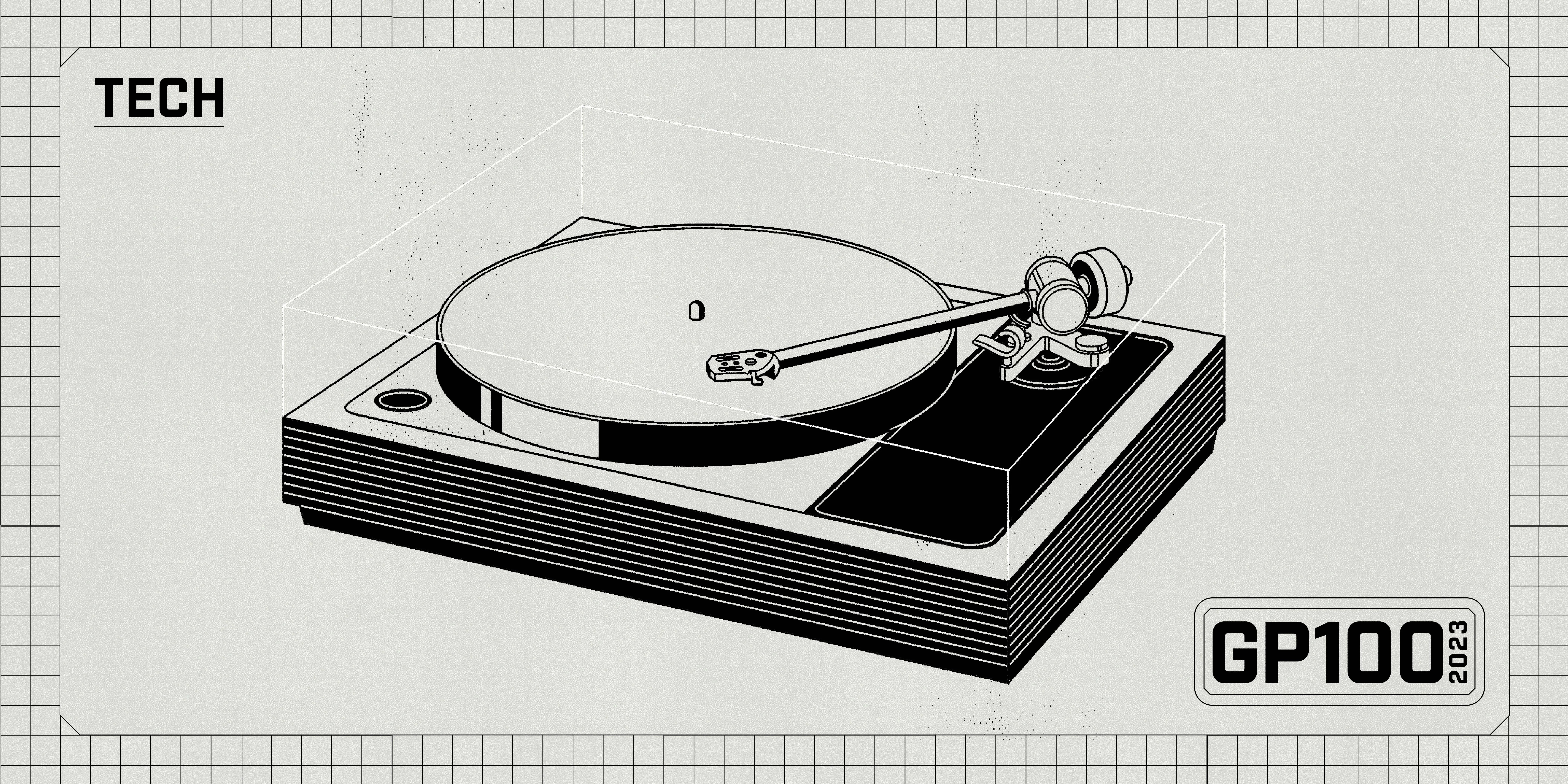 an illustration of a record player with a badge that says style and gp100 2023
