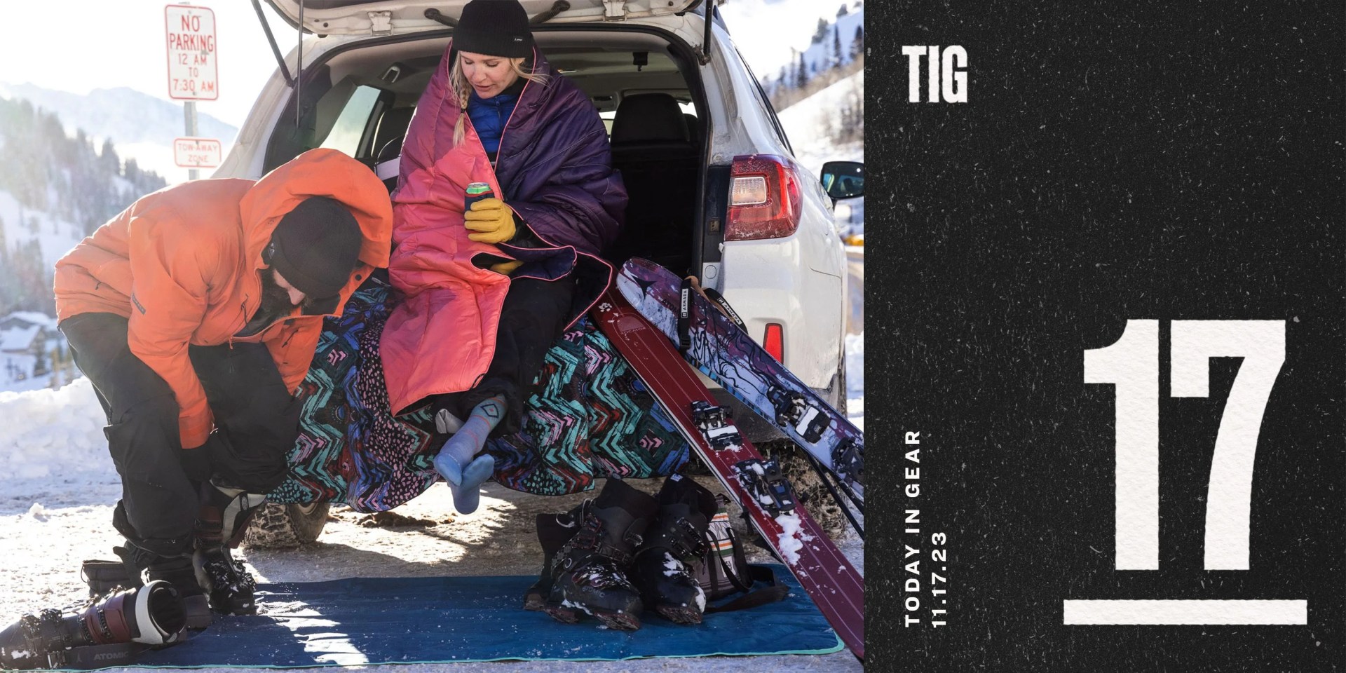 today n gear november 17 2023 a couple of people in a car with skis in the trunk wearing rumpl blankets