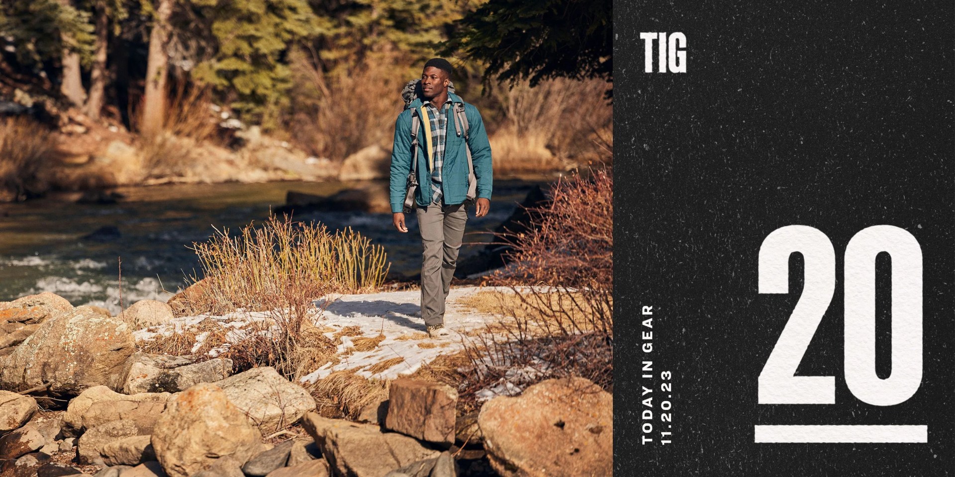 today in gear november 20 2023 a person hiking next to a river wearing wrangler atg men's synthetic utility pant in bungee cord