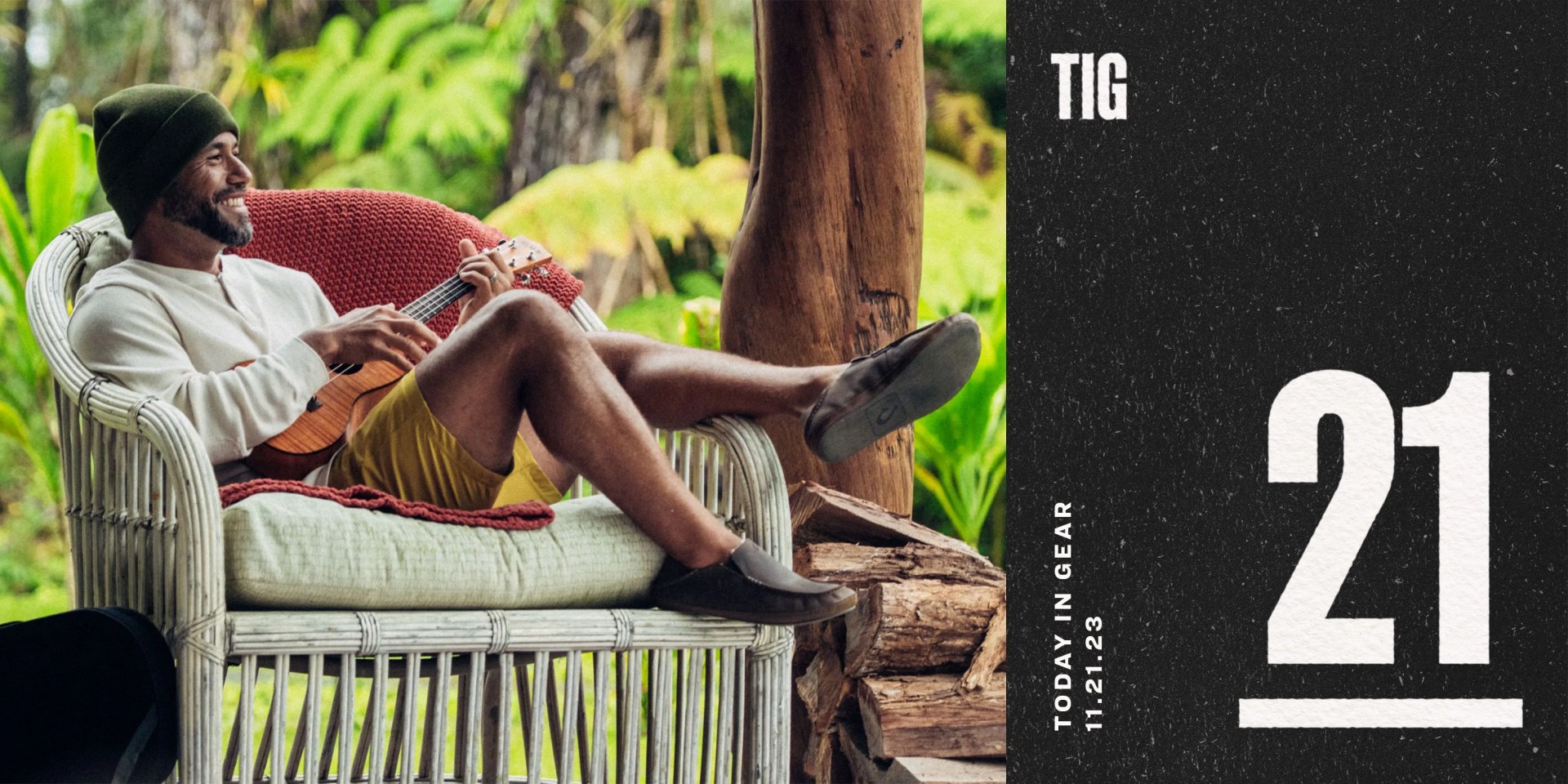 today in gear november 21 2023 a man sitting on a chair playing a ukulele wearing olukai moloa shoes