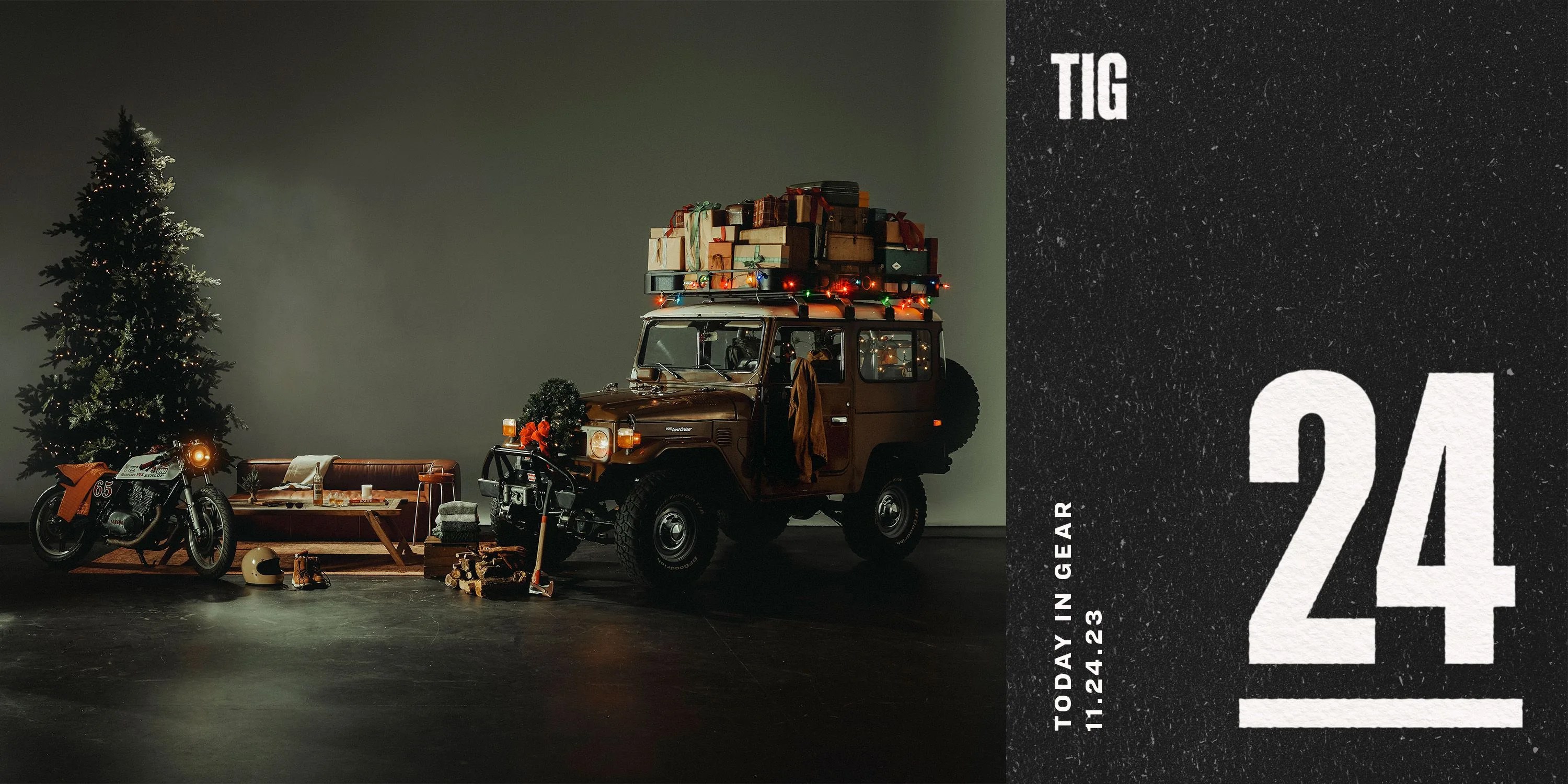 today in gear november 24 2023 a truck with gifts on top next to a christmas tree