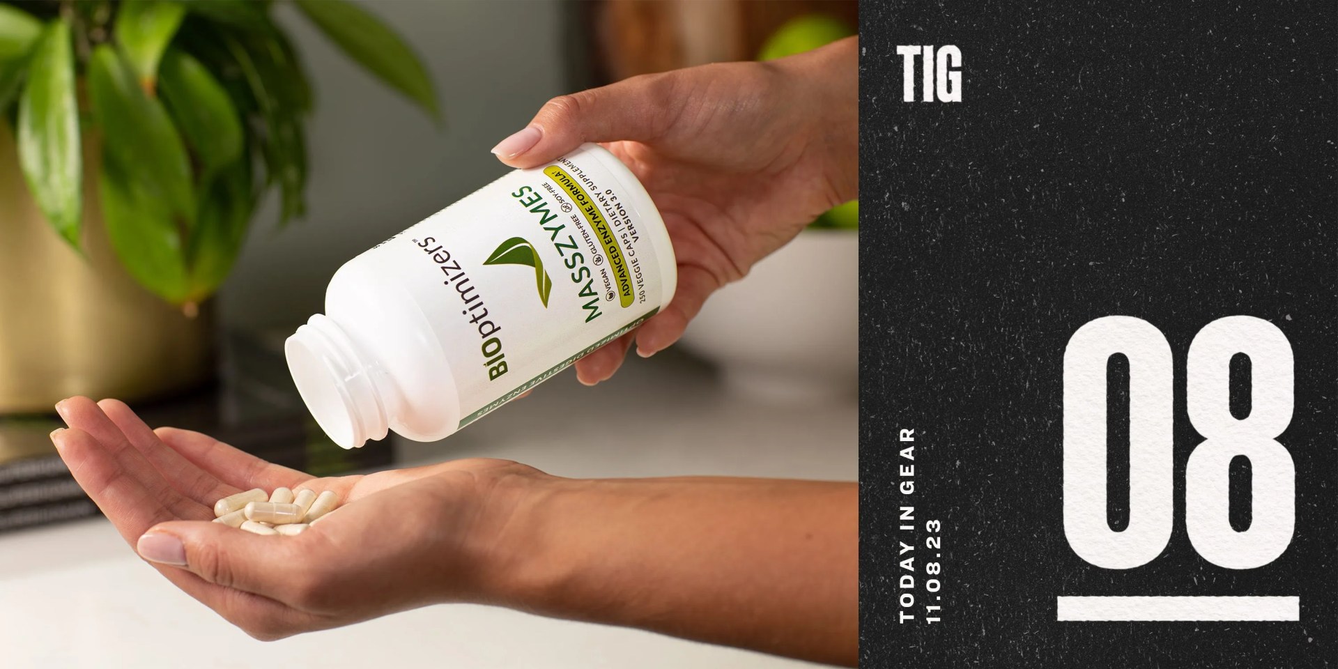 today in gear november 8 2023 a hand dumping bioptimizer supplements out into another hand