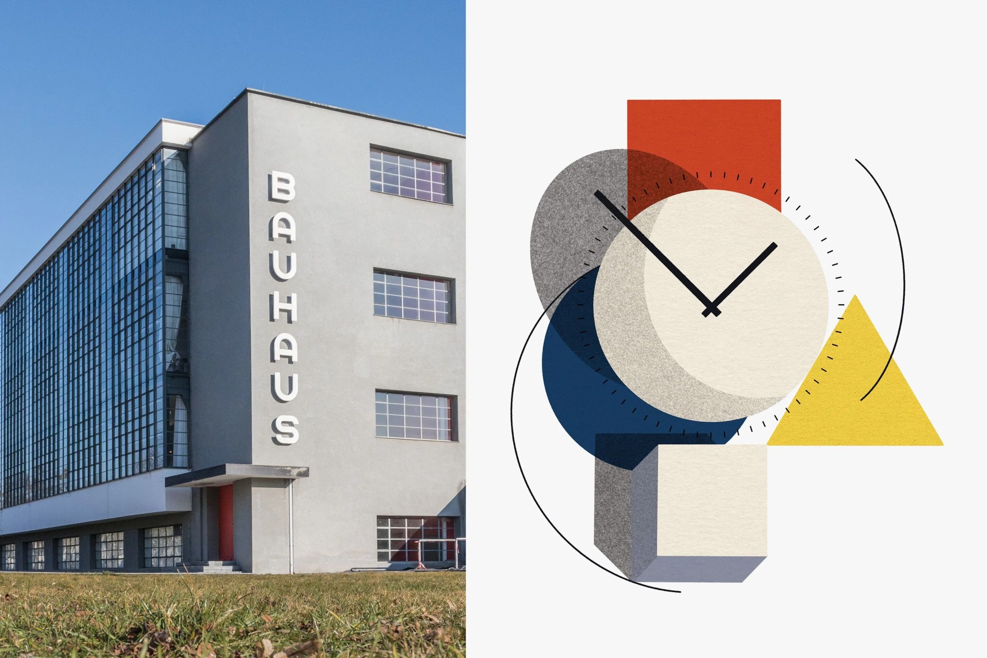 a bauhaus building next to a watch illustration