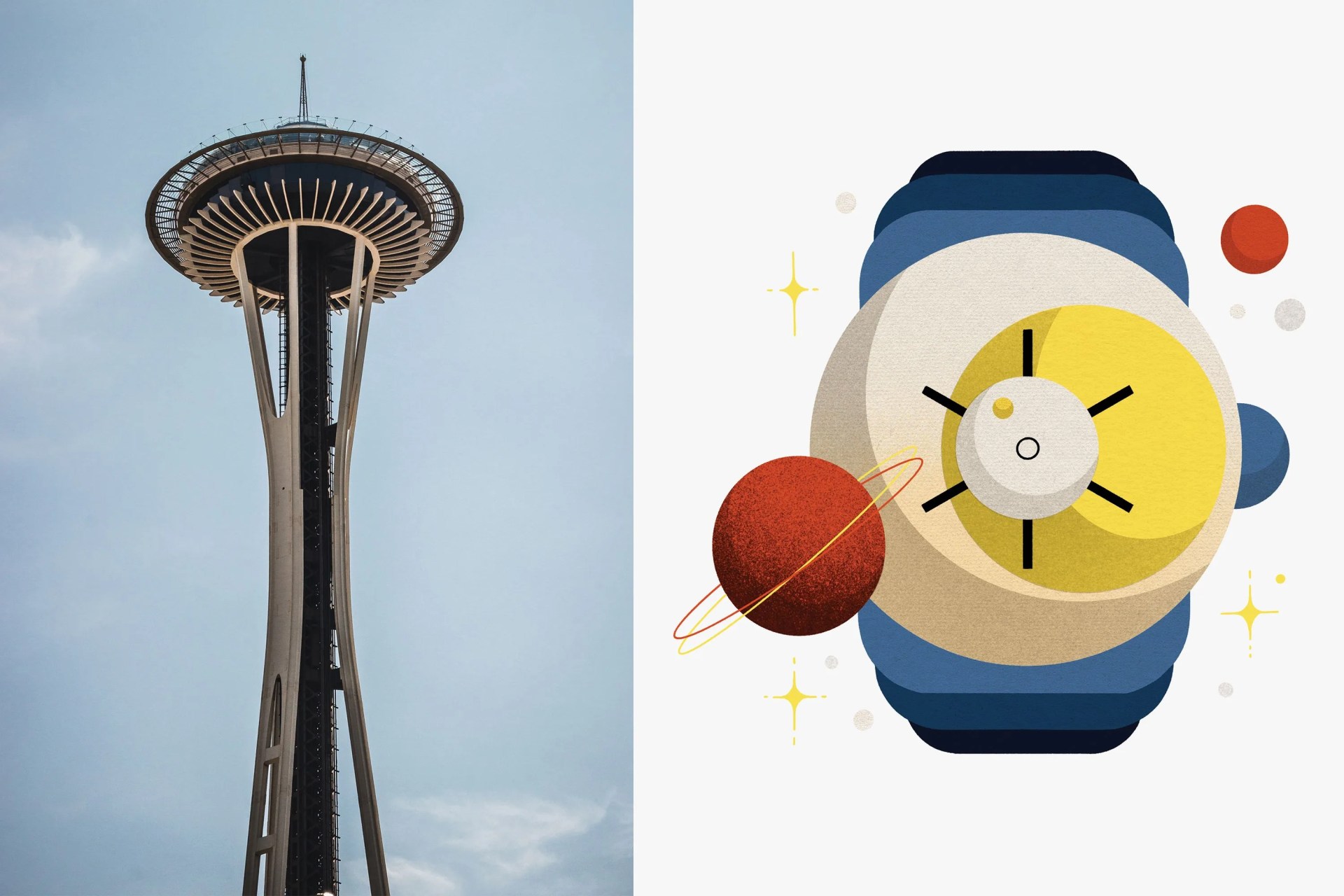 the space needle next to a watch illustration