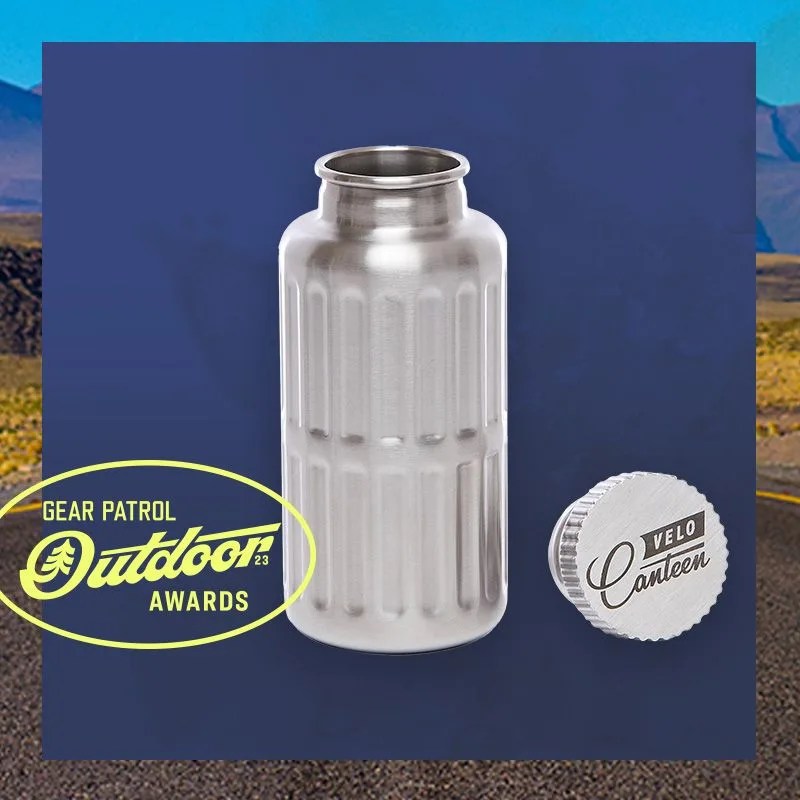 velo canteen 135 oz, fits in bicycle bottle cage, 2 lids straw lid, leak proof, double walled vacuum insulated stainless steel, coffee bottle