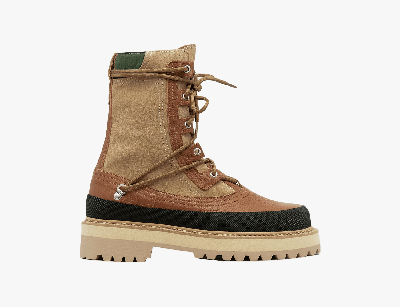 tan military style boots with brown and green accents