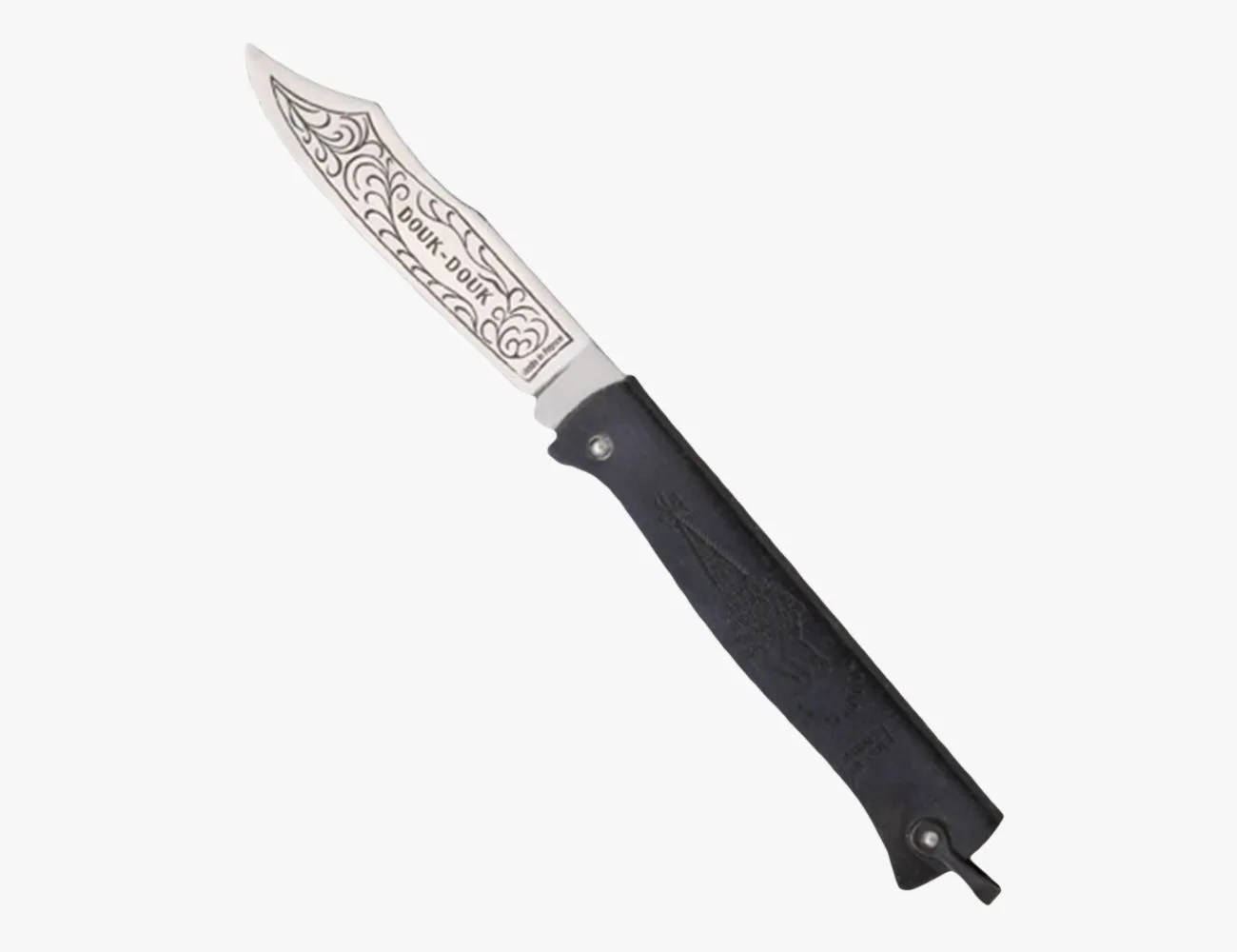 a knife with a black handle
