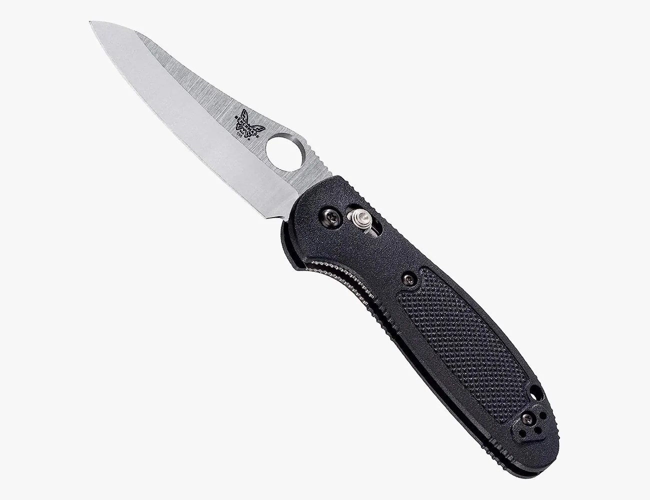 a knife with a black handle