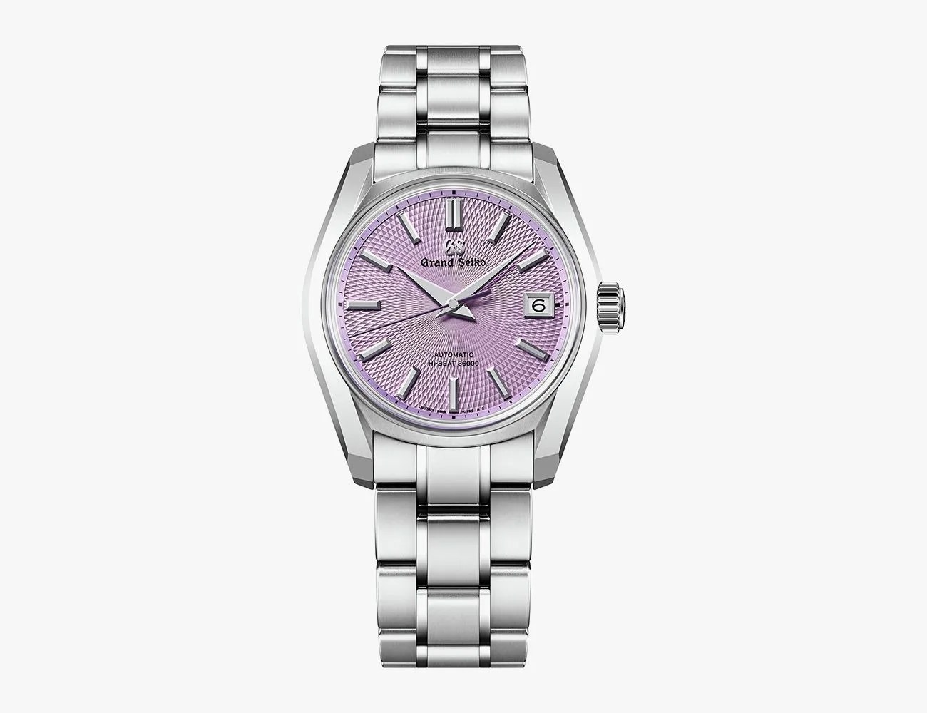 a silver watch with a purple face