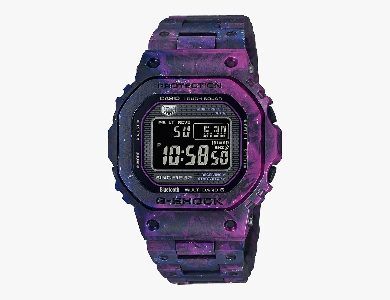a purple watch with a digital display