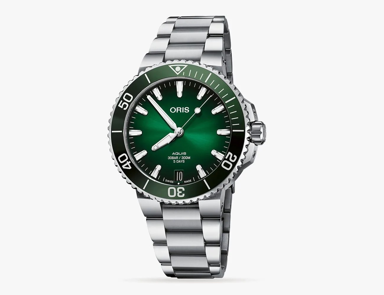 a silver and green watch