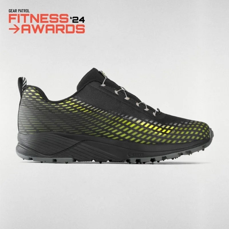 a black and yellow shoe