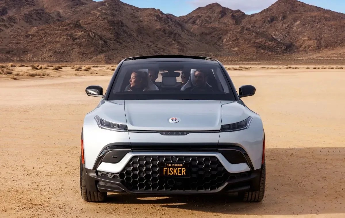 fisker ocean parked in a desert
