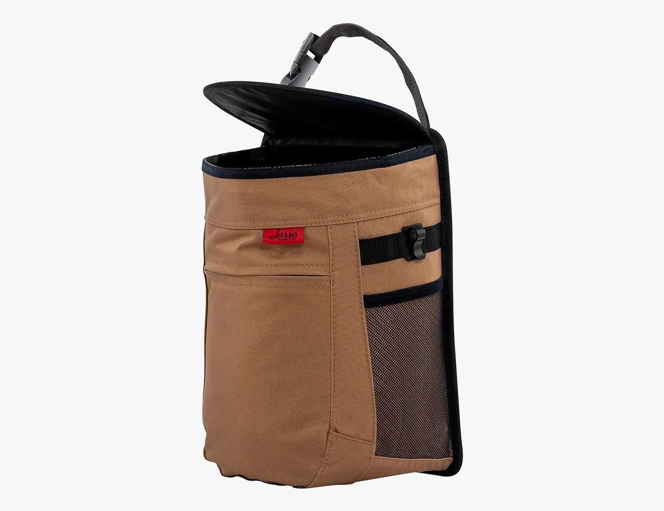 a brown and black head rest trash can