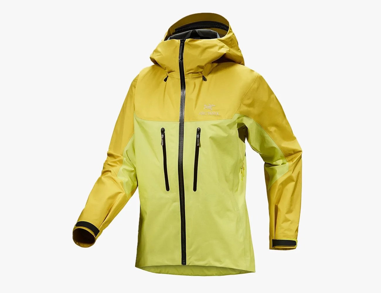a yellow raincoat with a black zipper