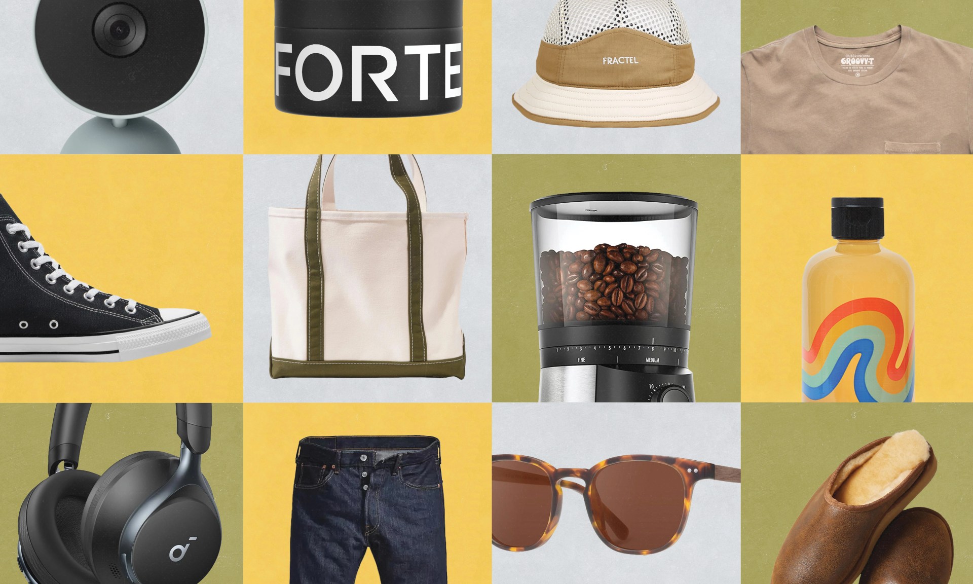 a variety of products on colored squares