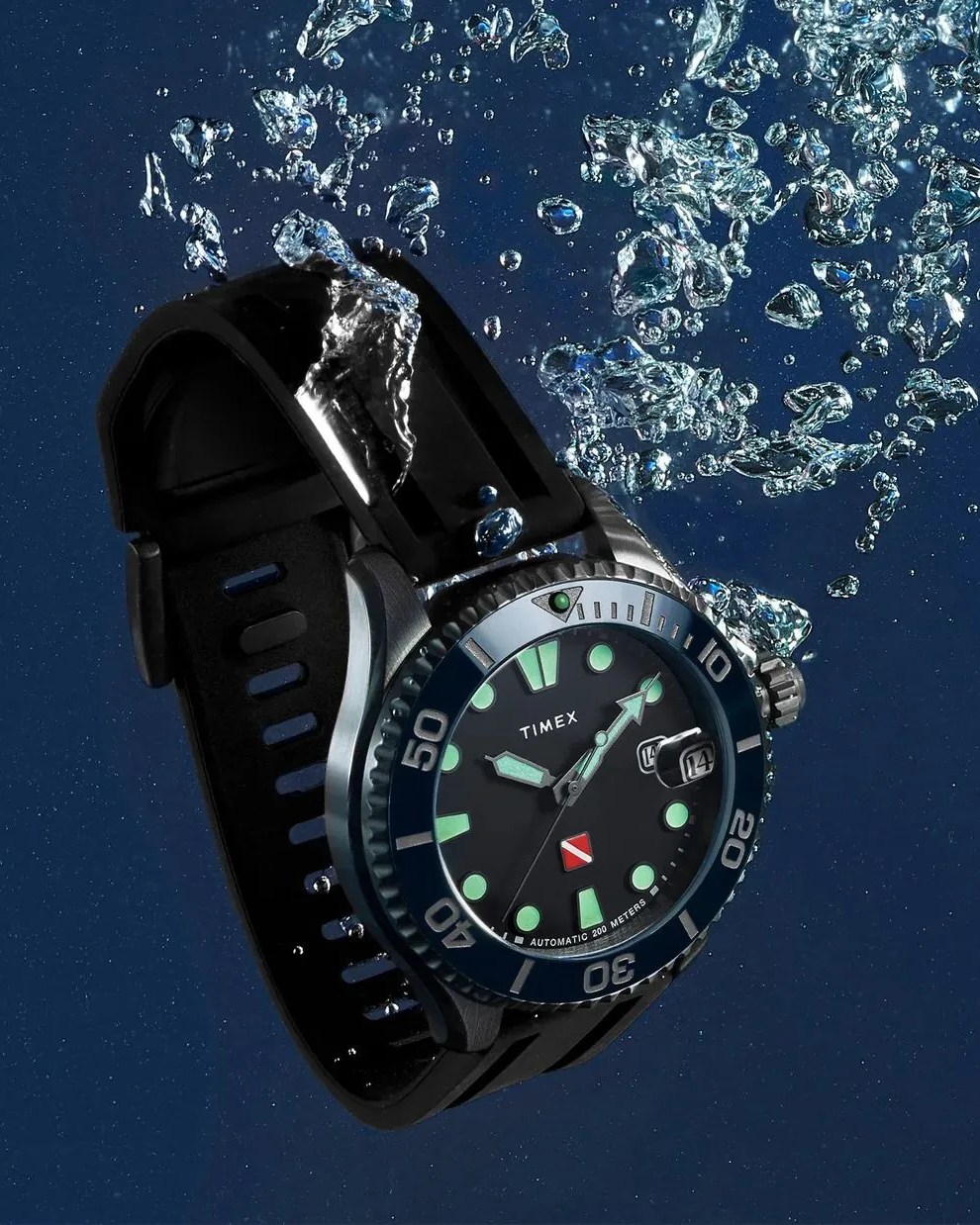 a timex tiburon automatic 44mm synthetic rubber strap watch in the water