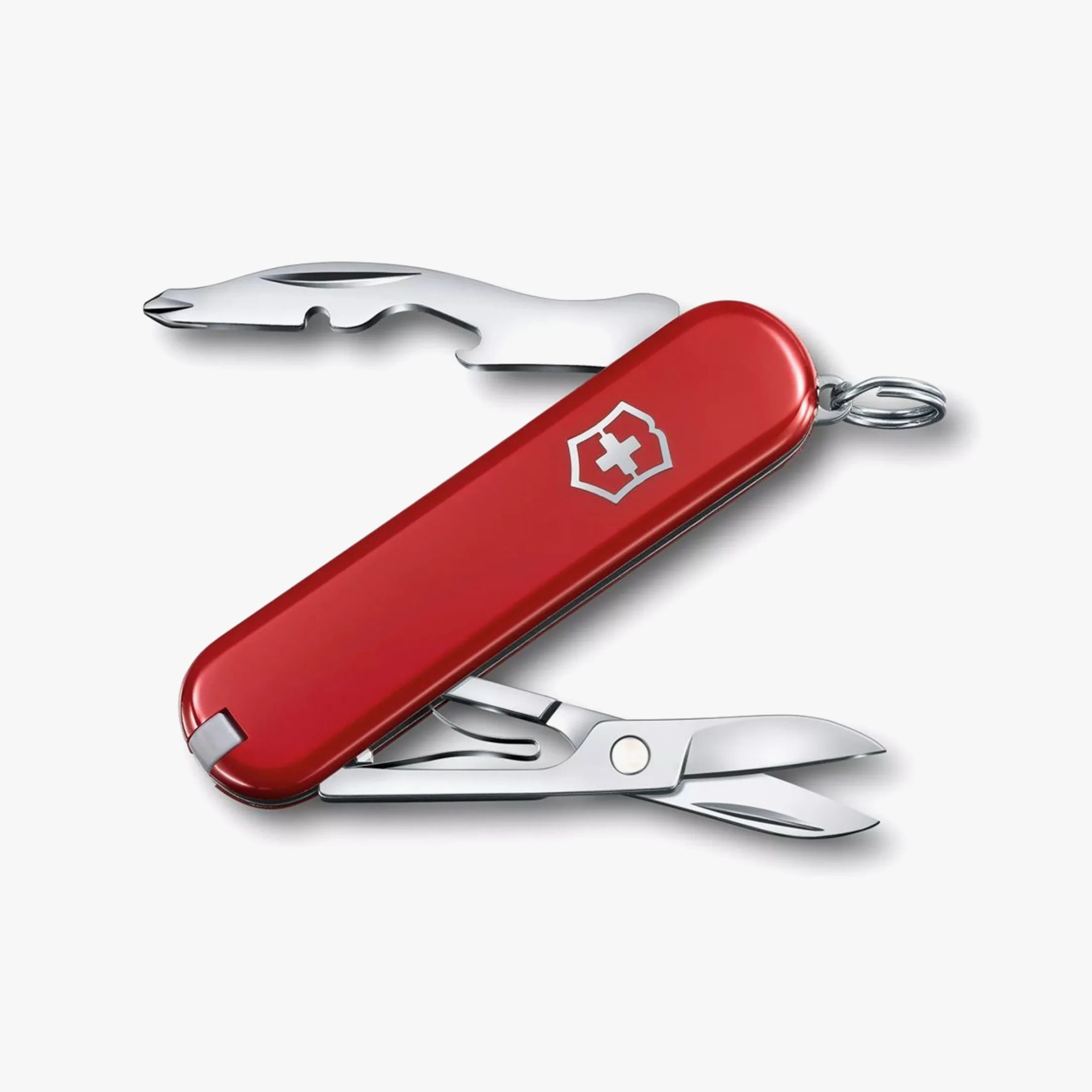 a red Victorinox jetsetter edc on a white background