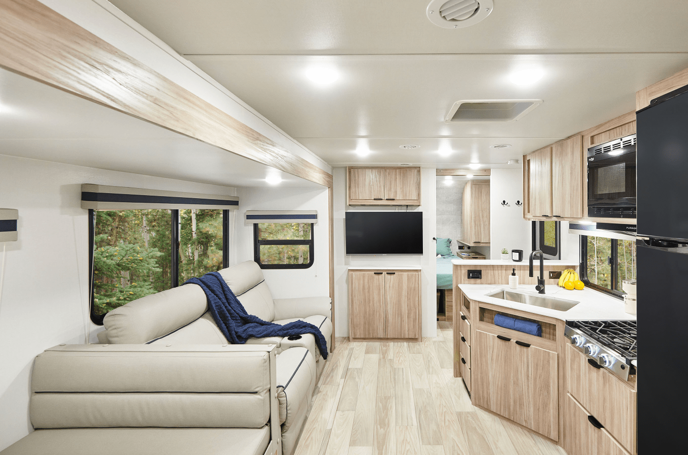 a kitchen and living room