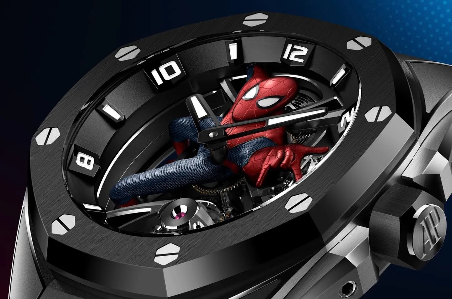 a close up of a watch with spider man on the dial