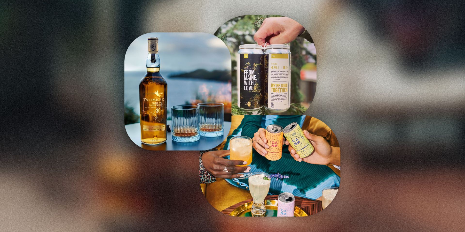 collage of whiskey on a table, a person holding a pack of beer, and people cheersing cocktails