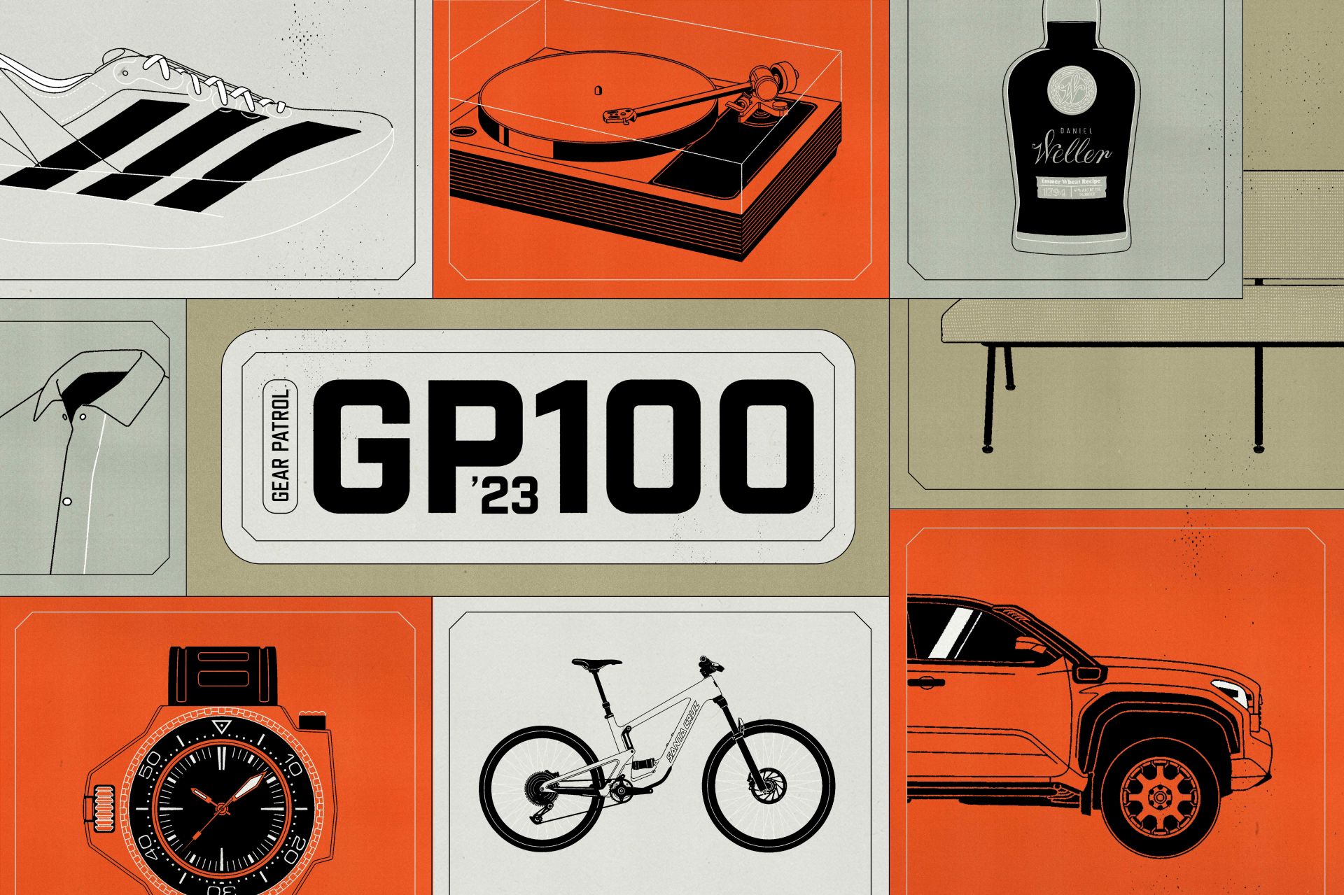 illustrations of a shoe, record player, alcohol bottle, bench, shirt, watch, bike, and truck with a headline that says gear patrol gp 100 23