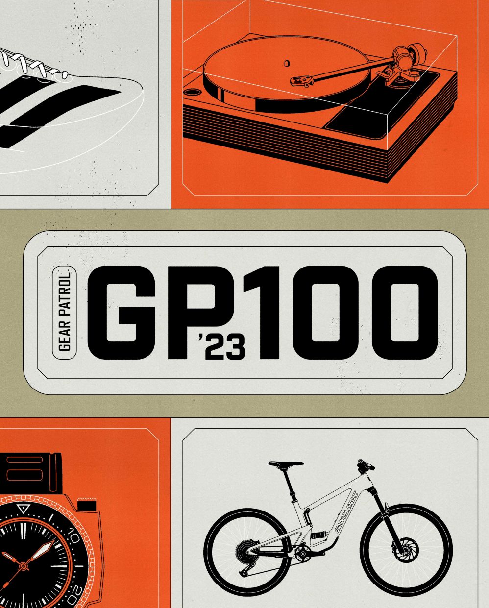 illustrations of a shoe, record player, alcohol bottle, bench, shirt, watch, bike, and truck with a headline that says gear patrol gp 100 23