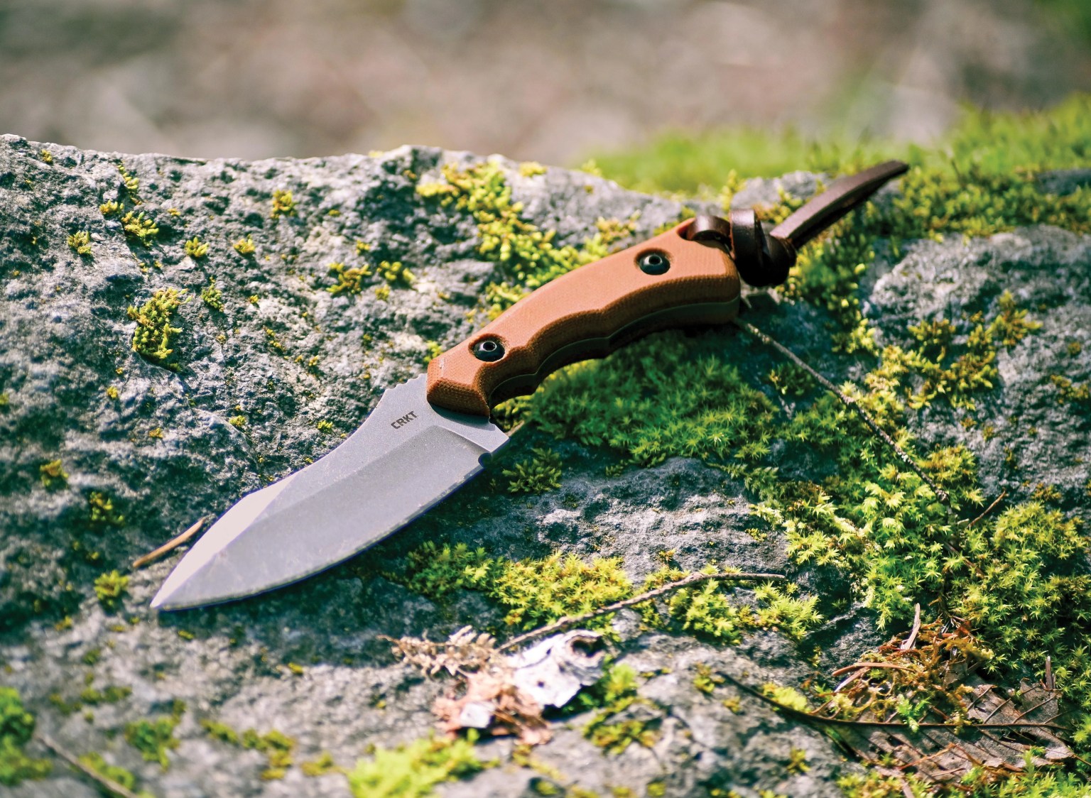 a knife on a mossy rock