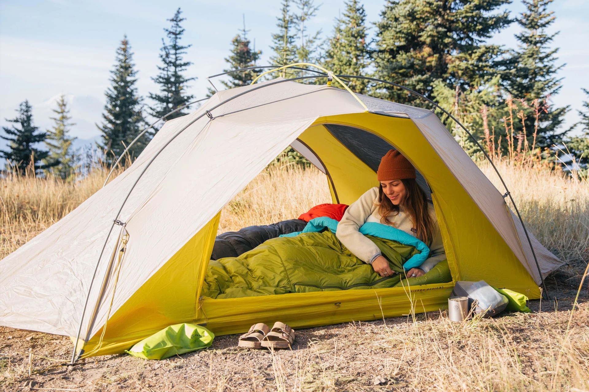 a woman in a tent