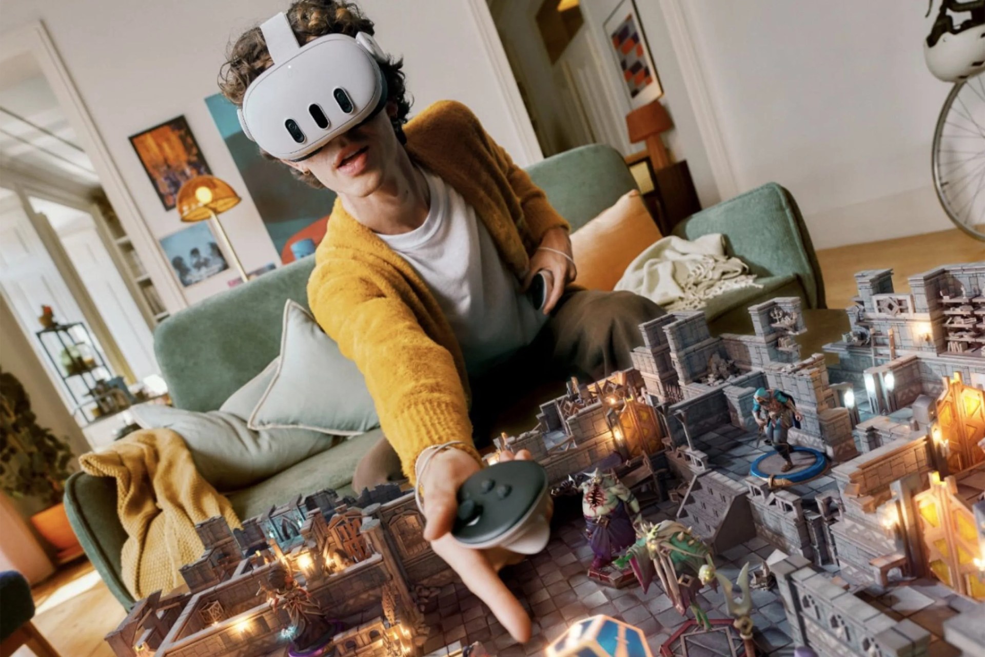 a person playing a game wearing a meta quest 3 headset