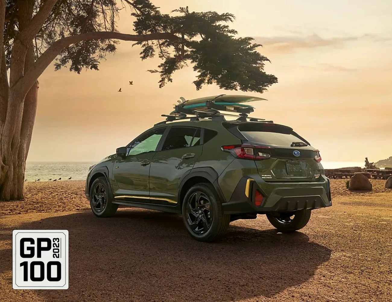 a car parked on a dirt road by a tree and water