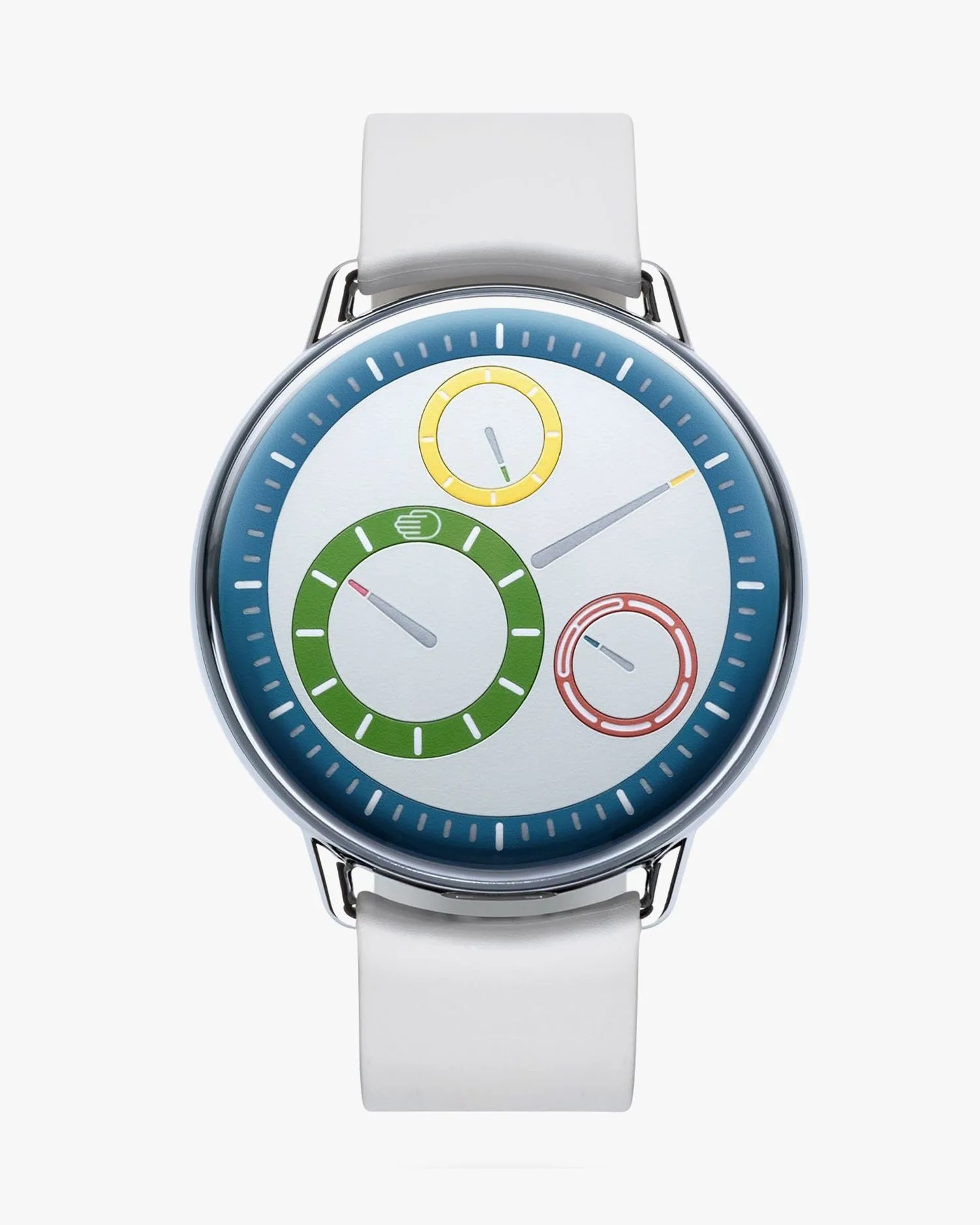 a watch with a blue and green face