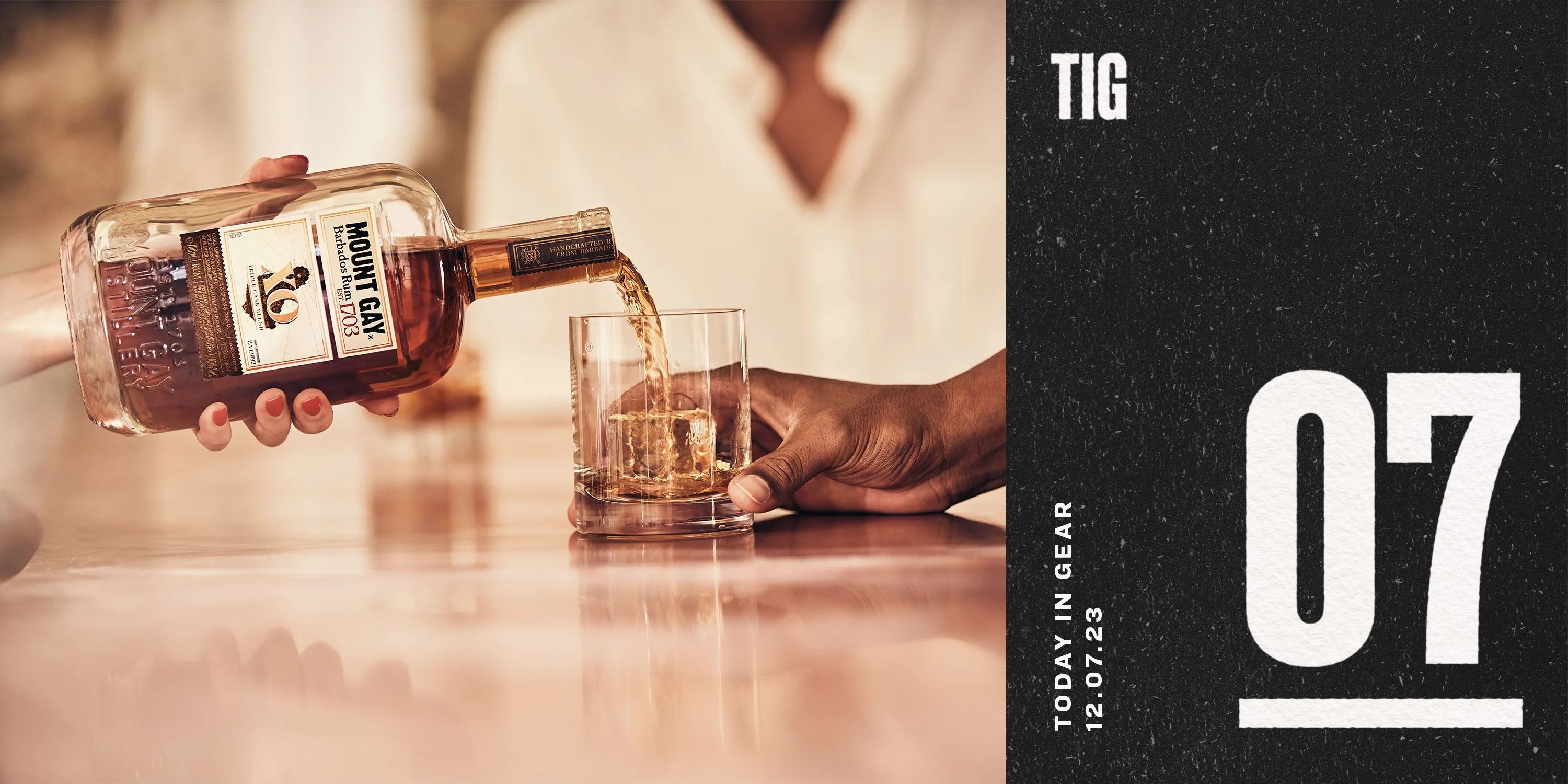 today in gear december 7 2023 a person pouring mount gay rum xo into a glass