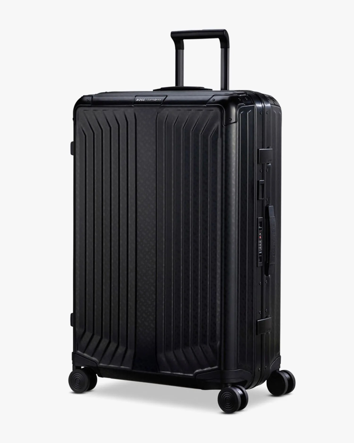 a black and silver samsonite luggage