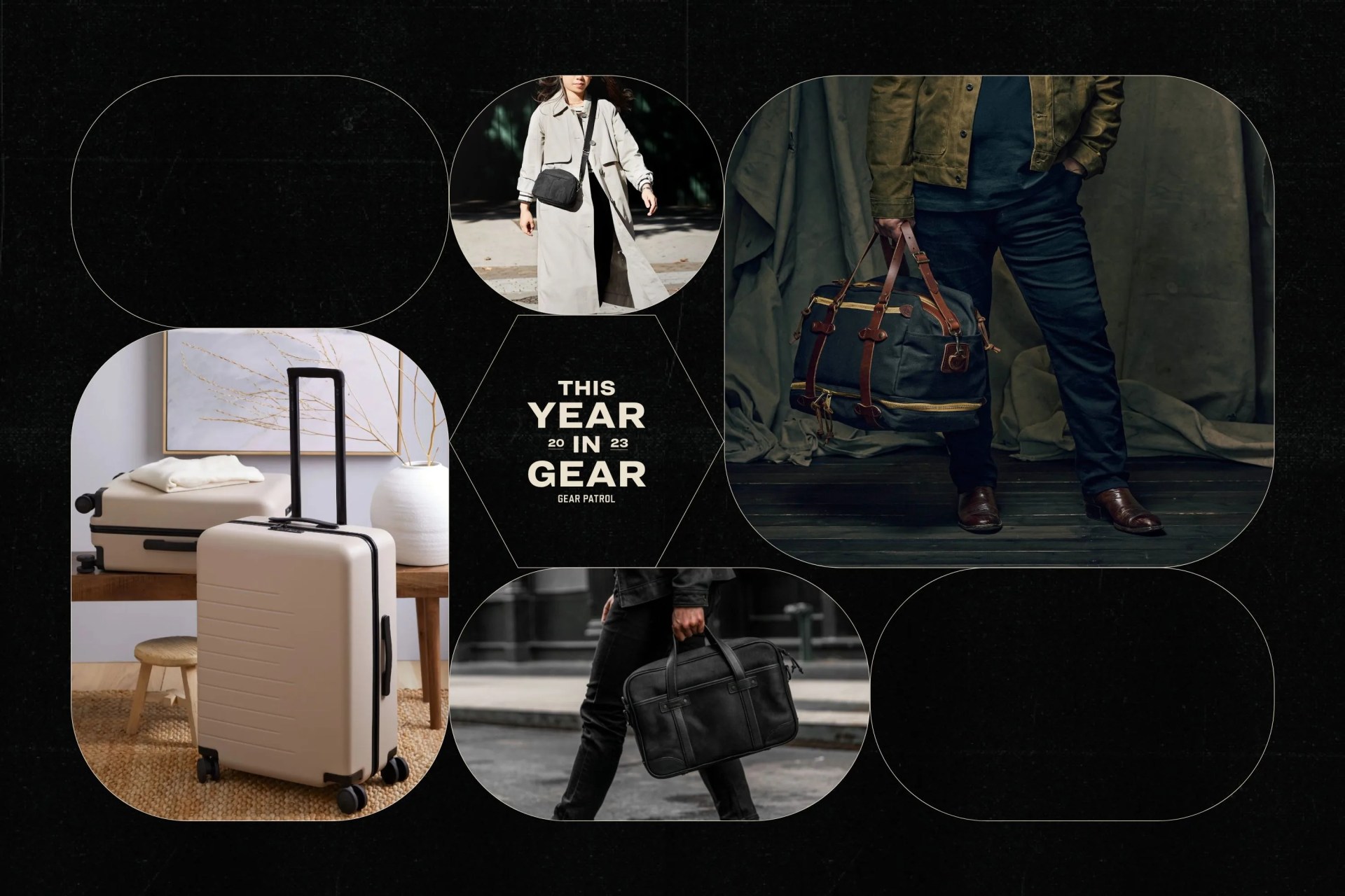 a variety of bags and luggage on a black background with geometric shapes and a headline that says this year in gear 2023 gear patrol