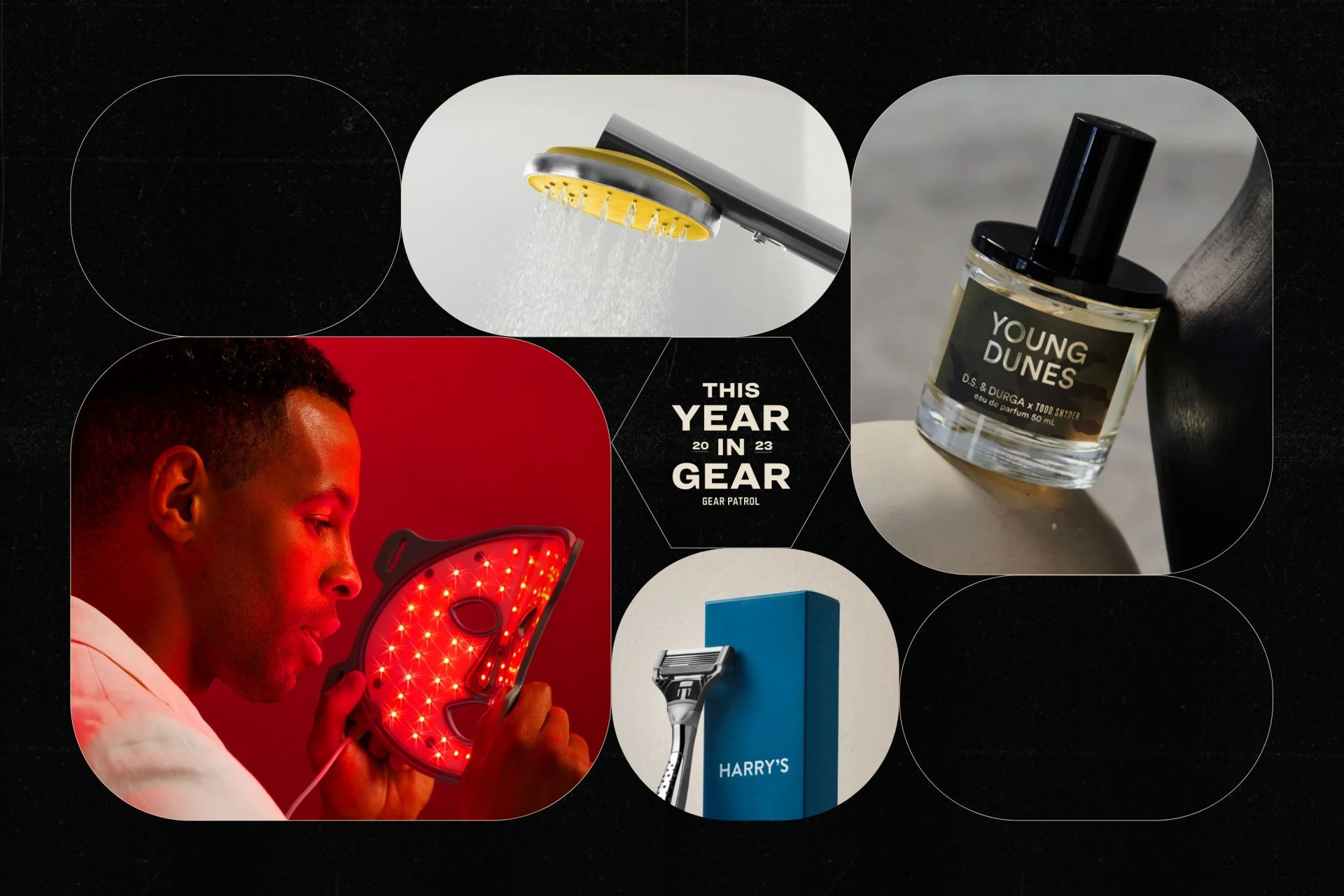 a group of grooming products on a black background with geometric shapes and a headline that says this year in gear 2023 gear patrol