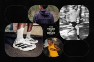 a group of people running and wearing workout apparel on a black background with geometric shapes and a headline that says this year in gear 2023 gear patrol