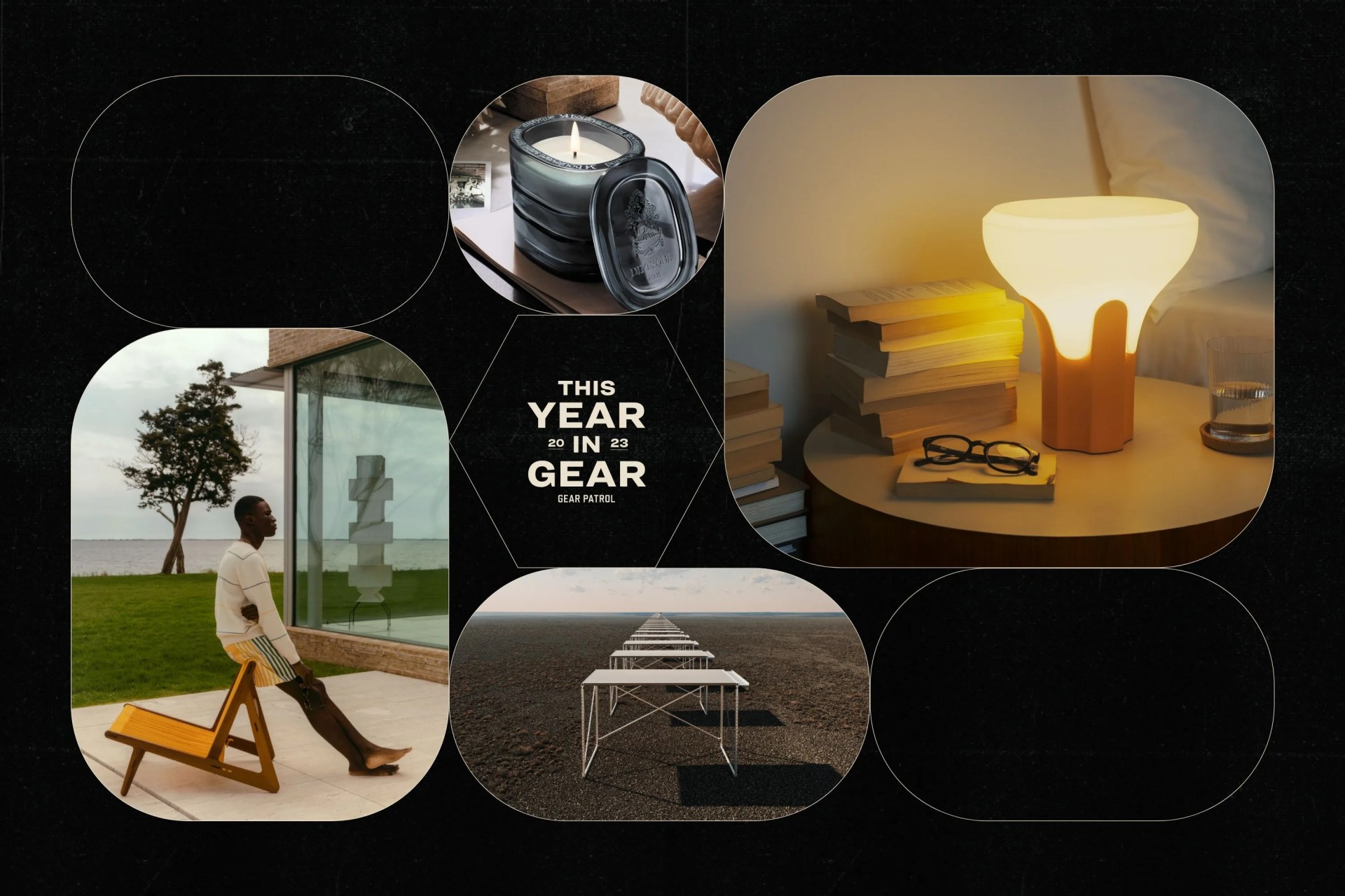 a group of housewares on a black background with geometric shapes and a headline that says this year in gear 2023 gear patrol