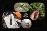 a group of knives on a black background with geometric shapes and a headline that says this year in gear 2023 gear patrol