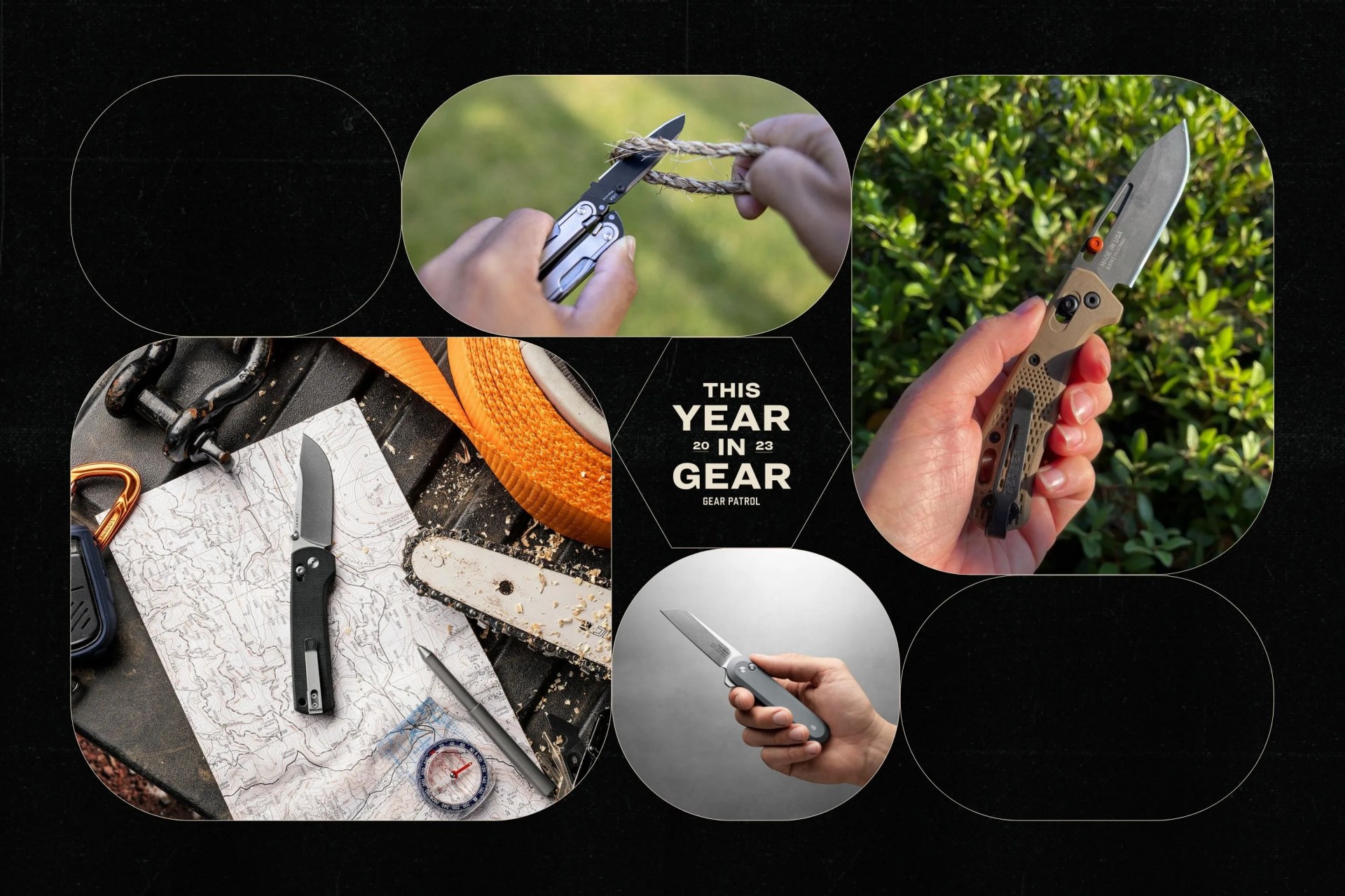 a group of knives on a black background with geometric shapes and a headline that says this year in gear 2023 gear patrol