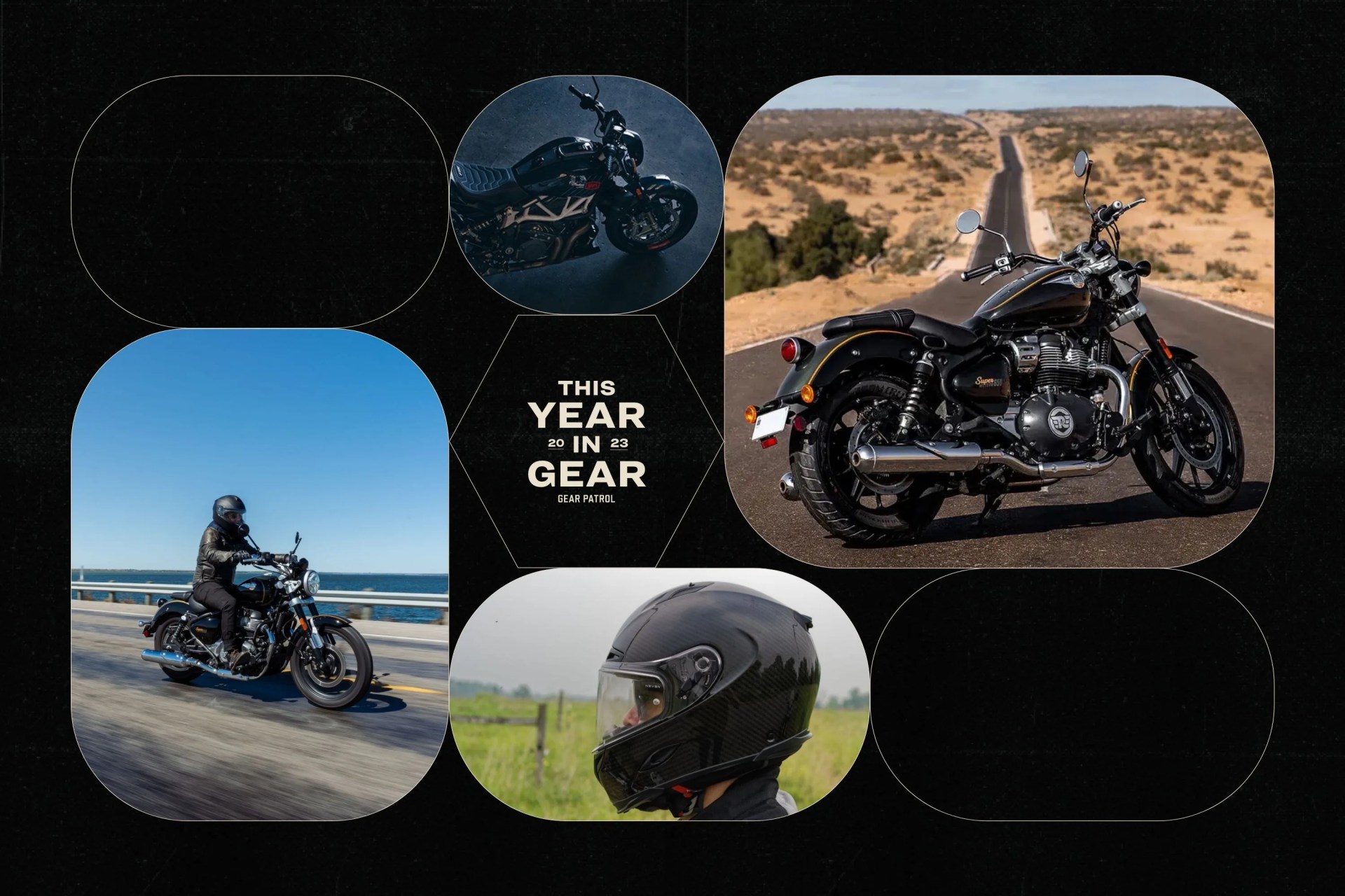 a collage of a motorcycles on a black background with geometric shapes and a headline that says this year in gear 2023 gear patrol