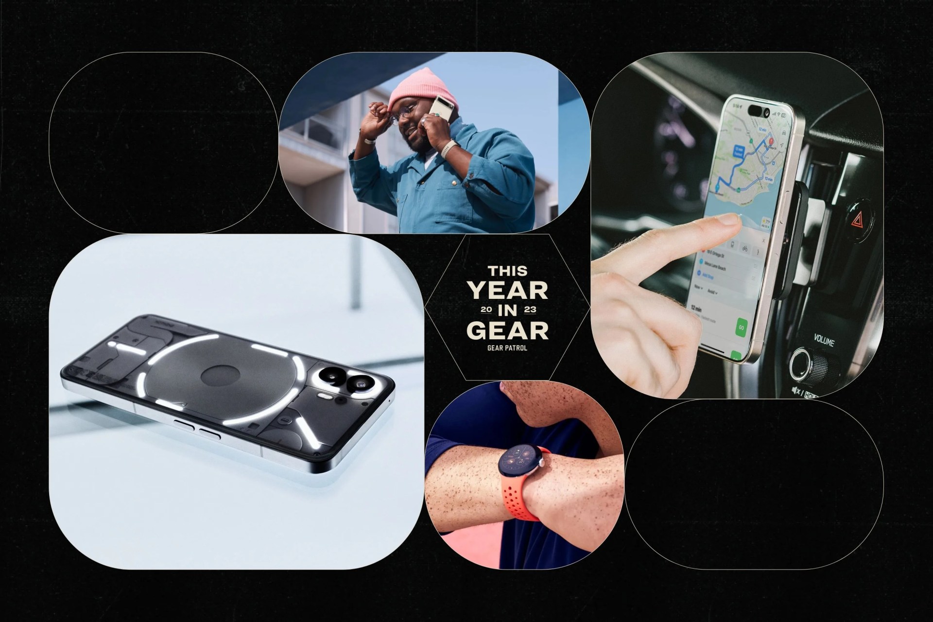 a group of phones on a black background with geometric shapes and a headline that says this year in gear 2023 gear patrol
